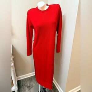ZARA MAXI Sweater DRESS bold Red Sz Medium Crew Neck Ribbed Cuffs Hem EC
